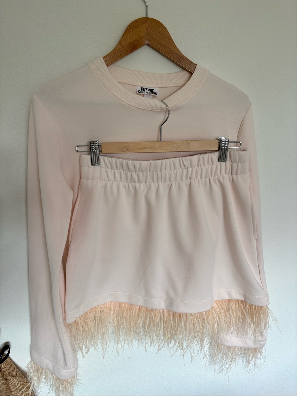 fluff Future Collective faux Feather-Trim Crewneck Sweatshirt in Blush